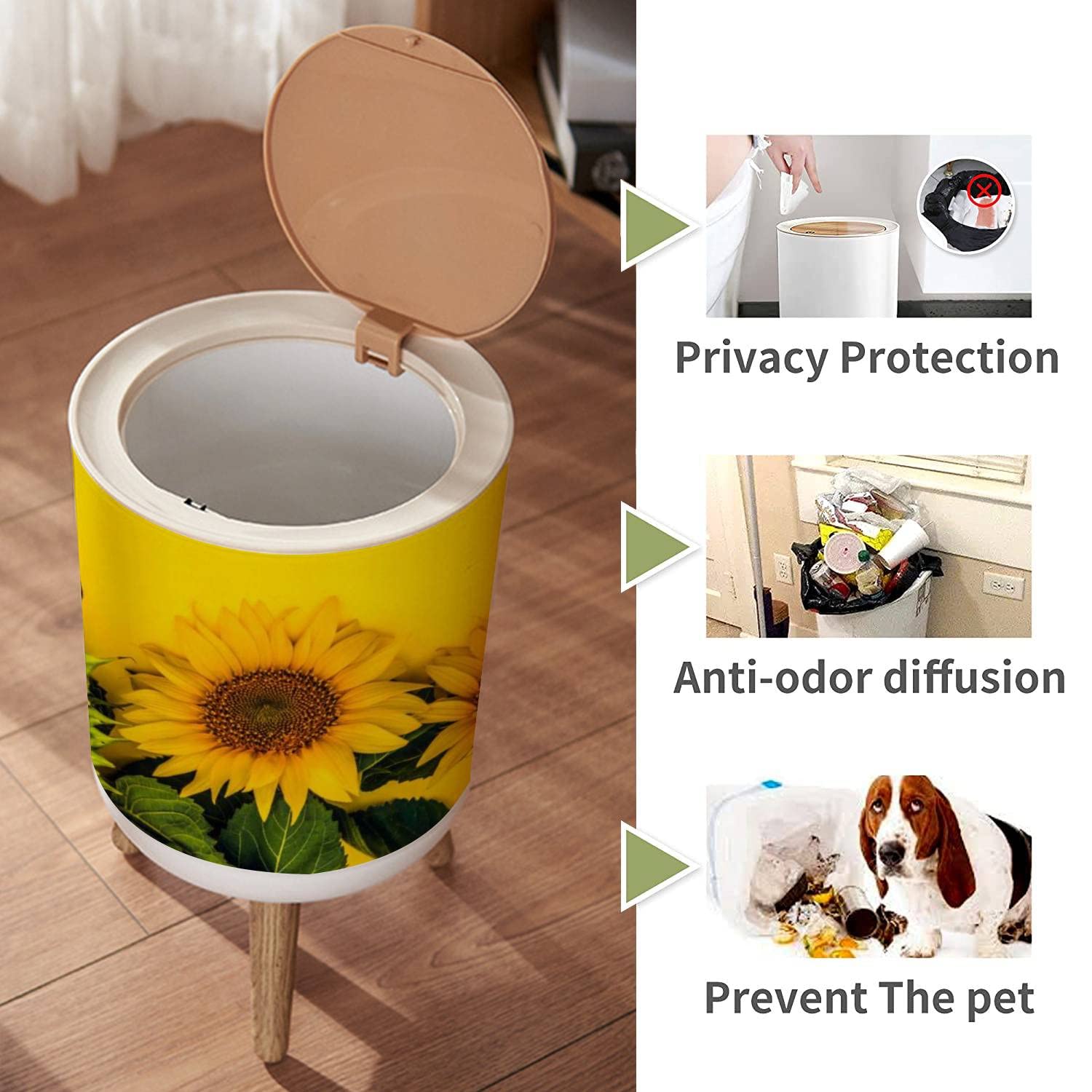 LGCZNWDFHTZ Small Trash Can with Lid for Bathroom Kitchen Office Diaper Yellow Sunflowers Yellow Bedroom Garbage Trash Bin Dog Proof Waste Basket Cute Decorative