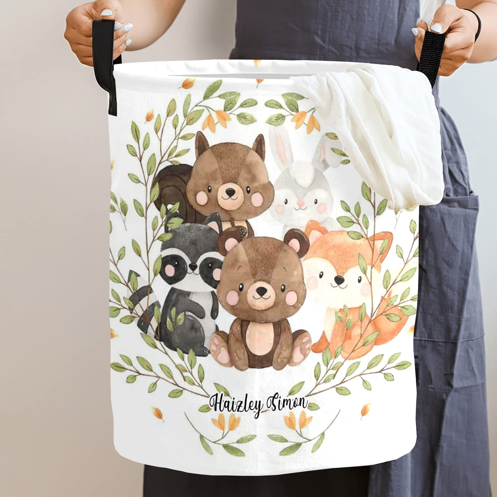 Cute Woodland Animals Personalized Laundry Basket Clothes Hamper Storage Handle Waterproof Collapsible Large Capacity for Bedroom Bathroom Toy Decoration