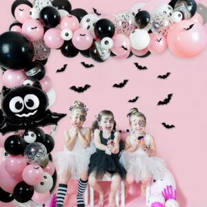 Halloween Balloon Arch Garland Kit, 124 Pcs18" 10" 5" Black Pink Balloons Big Bat Foil Balloon with 3D PVC Bat Halloween Decorations for Halloween Baby Shower Halloween Party Supplies