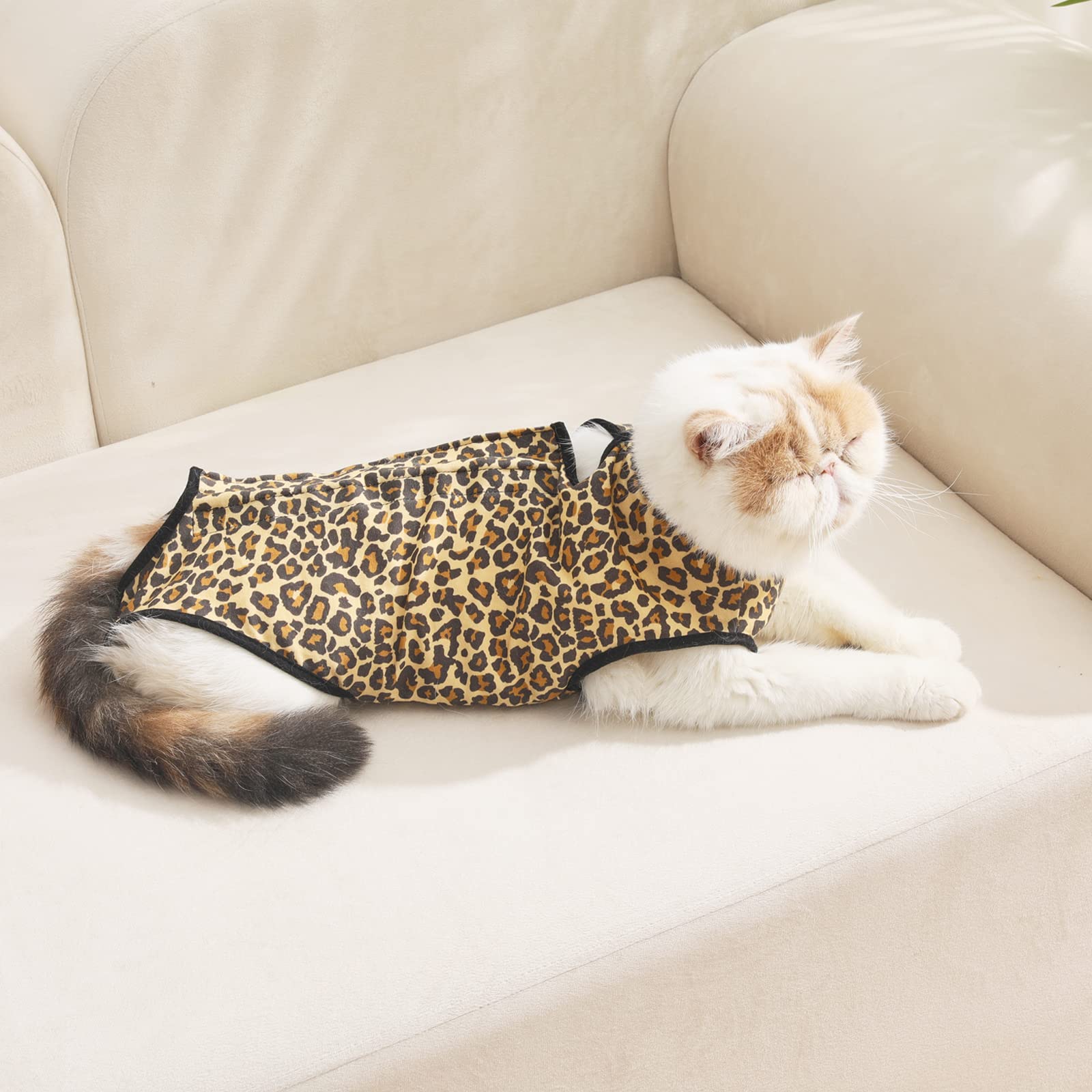 Jiupety Cat Surgical Recovery Suit, Cat Bodysuit for Abdominal Wound After Surgery Or Skin Diseases, Substitute E-Collar, L Size, Anti-Licking Surgical Cat Onesies, Leopard.