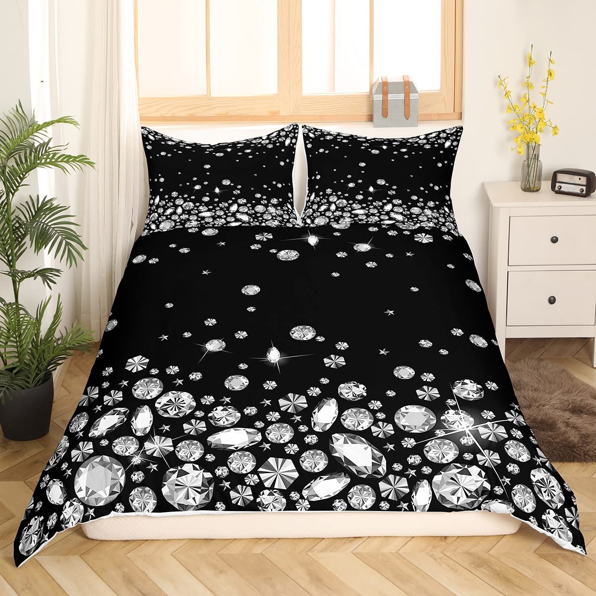 Silver Glitter Duvet Cover Set Queen Diamond Star Sky Floral Bedding Set 3pcs for Kids Teens Girls Boys Room Decor Bling Party Theme Comforter Cover Black Microfiber Quilt Cover with 2 Pillowcases