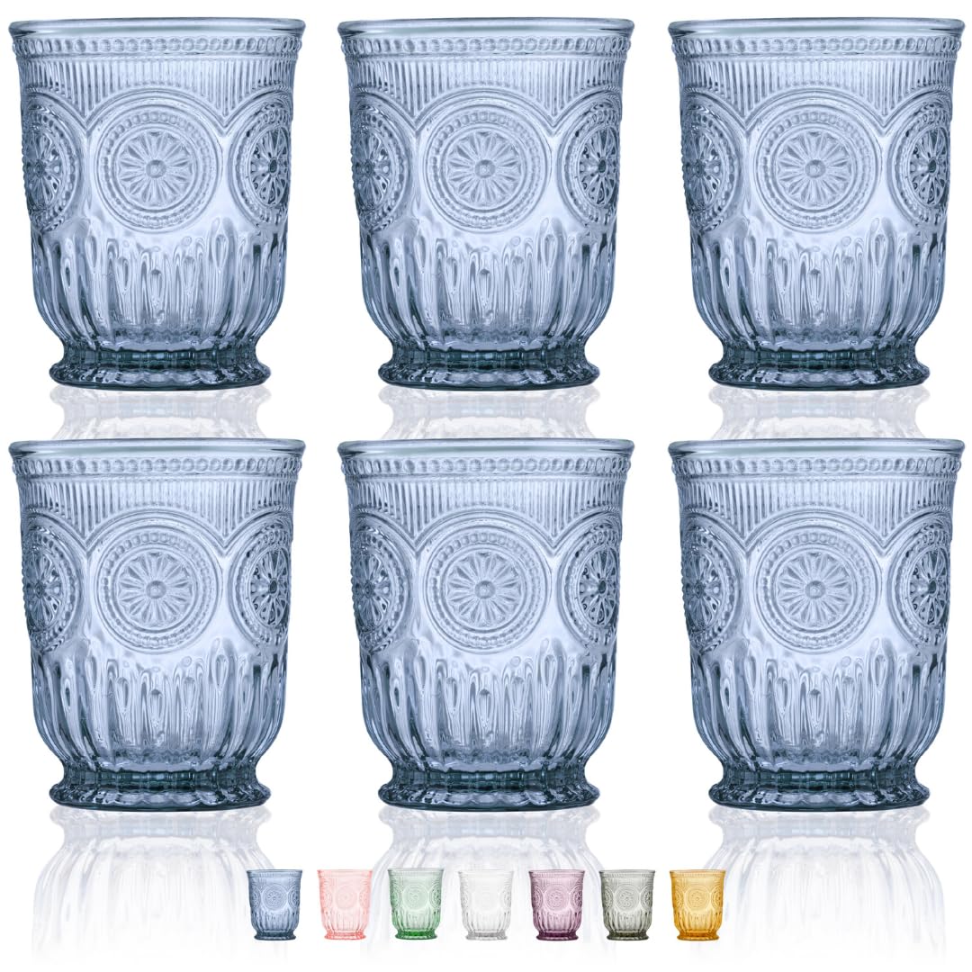 Yungala Blue Glass Tumblers set of 6 Highball glasses, Dishwasher Safe Blue Glassware made from Blue Glass, 6 colored drinking glasses