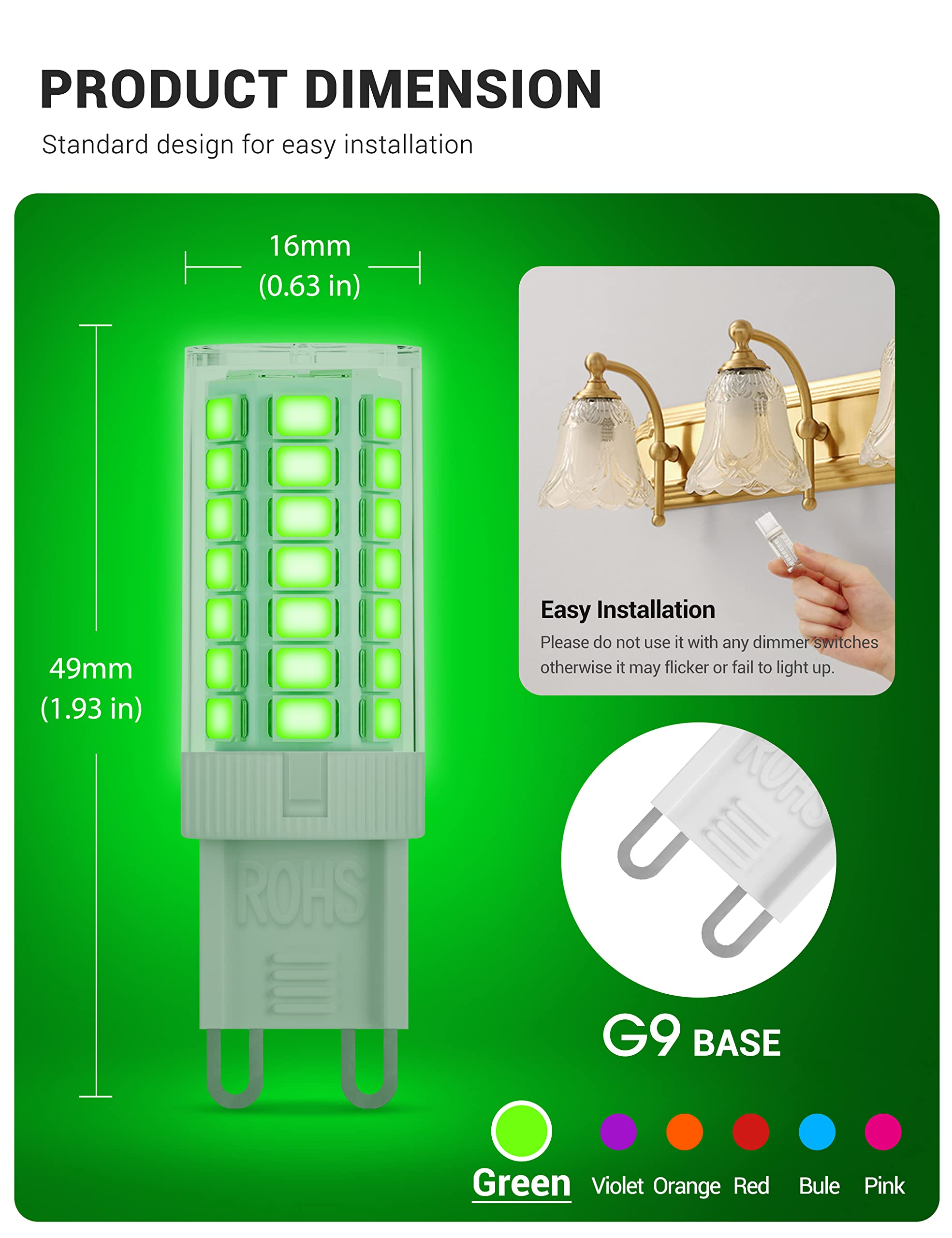 G9 LED Bulbs Green Light,JandCase Green Light Bulbs 5W 40W Halogen Equivalent,LED Green Lights G9 Base,Decorative Lighting Bulbs for Crystal Chandelier Fixture,Halloween,Christmas Home Lighting,5 Pack