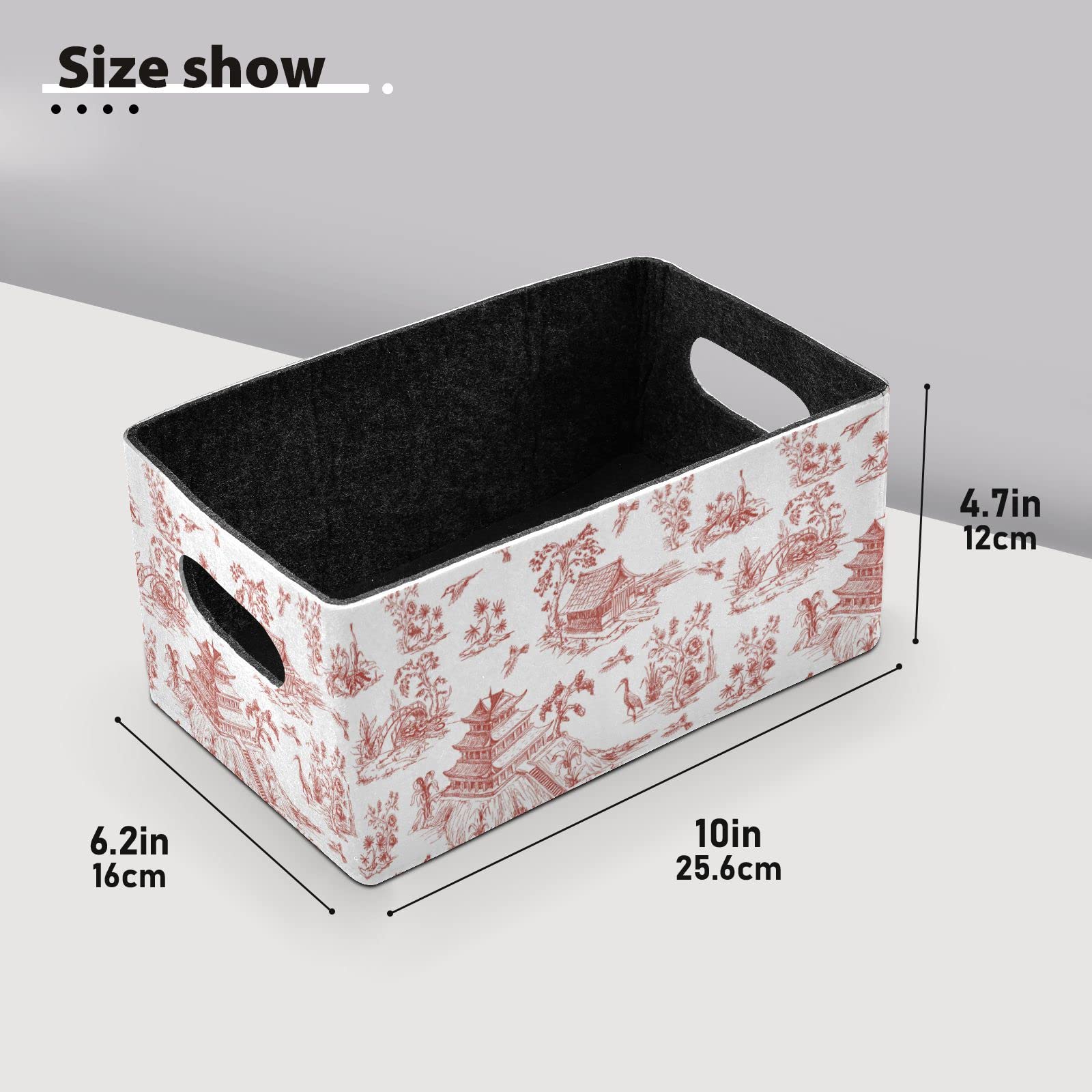 Emelivor Chinoiserie Style Fabric Storage Basket Bins Set (2pcs) Felt Collapsible Storage Bins with Fabric Rectangle Baskets for Organizing for Organizer, Closet, Shelves, Office