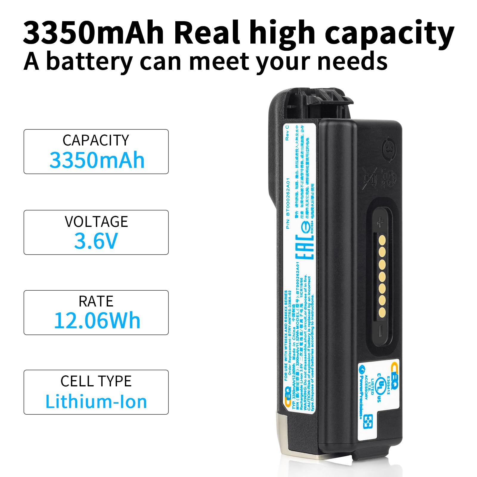 CBQ Replacement Battery fit for Zebra RS6000 WT6000 WT60A0 WT6300 RS60B0 WT63B0 WT60A0-TS WT60A0-TX WT60XX WT60B0 WT63B0-TX WT6000-TS RS60XX BTRY-NWTRS-33MA-02 BT000262A01 BT-000262