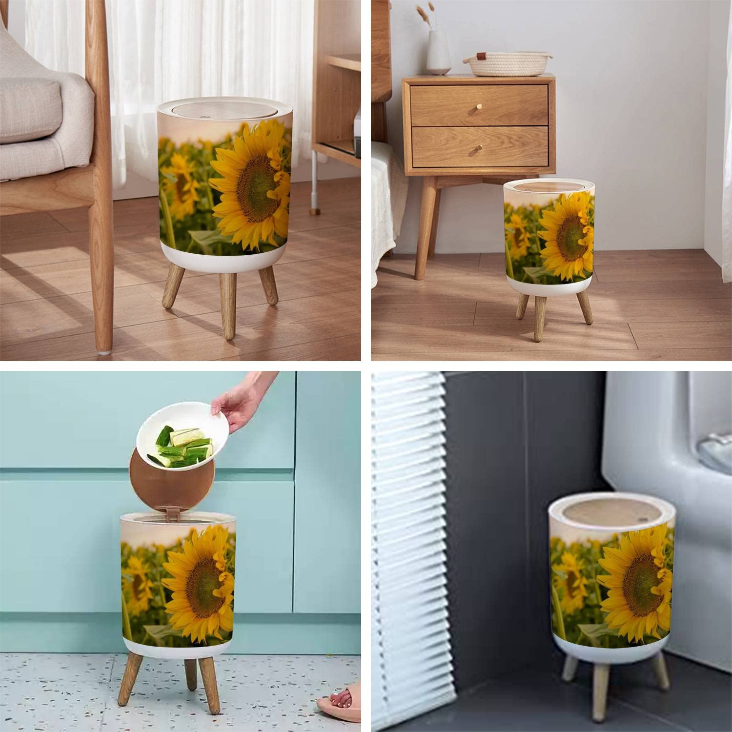 LGCZNWDFHTZ Small Trash Can with Lid for Bathroom Kitchen Office Diaper Sunflower Field Bedroom Garbage Trash Bin Dog Proof Waste Basket Cute Decorative