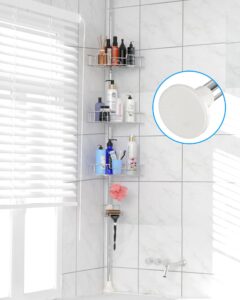 tension shower caddy , stainless steel corner shower caddy stand storage organizer with rustproof tension pole for bathroom bathtub shampoo soap plants, 4 tier adjustable shelves, 54 to 125 inch