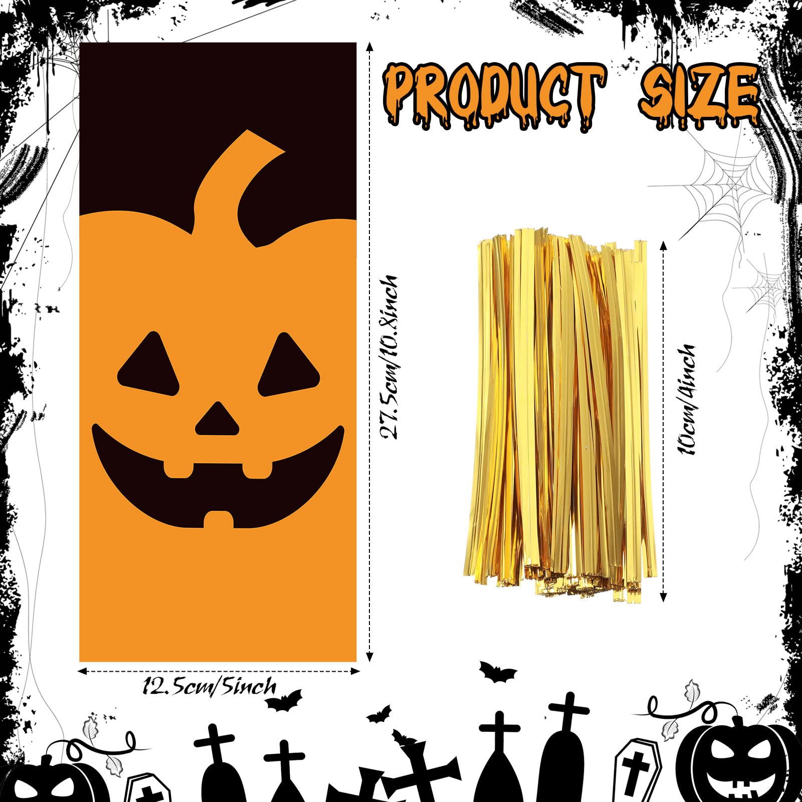 100 Pcs Halloween Candy Gift Bag Halloween Cellophane Bag Halloween Colorful Candy Bag Plastic Trick or Treat Cookie Goodie Bag with Twist Ties Halloween Treat Party Favor, Pumpkin, Cat, Skull, Spider