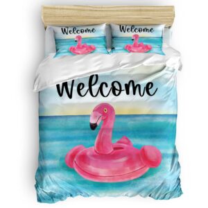 queen bedding covers set 4 pieces, pink flamingos soft bedding comforter set, welcome summer tropical blue beach all season bed sheet set with duvet cover, fitted sheet and pillowcase