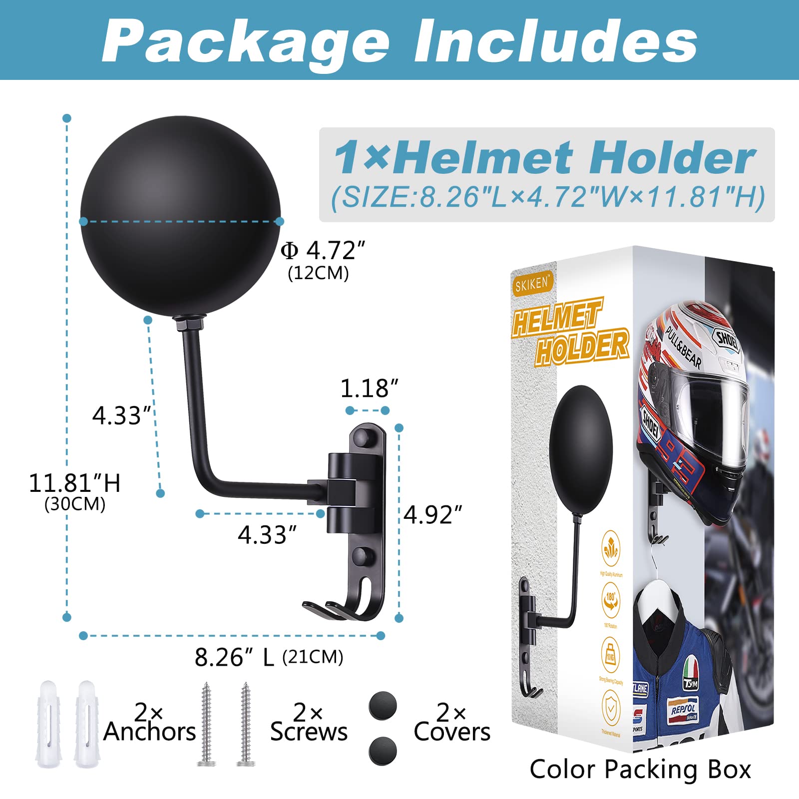 SKIKEN Helmet Holder Rack (White) Wall Mounted, Football Helmet Rack Stand, Wall Motorcycle Helmet Rack, Storage Rack for Motorcycle Jacket, Baseball and Sports Helmet (White, 1Pack)