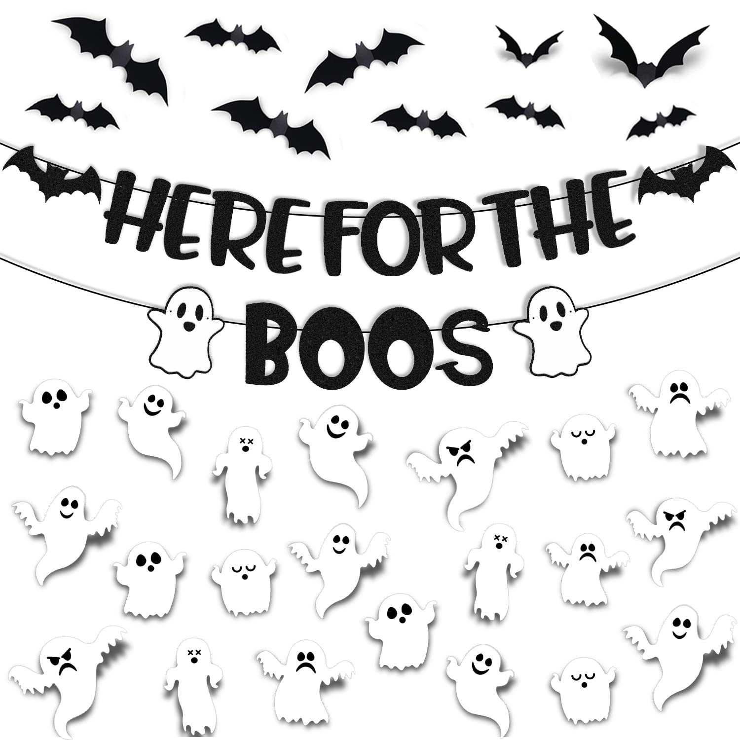 35 PCS Here for The Boos Decorations Halloween Banner Ghost Bat Wall Decor Haunted House Pumpkin Happy Boo Day Theme for Boy Girl Kid Halloween Festival Holiday Party Decoration Black Glitter Supplies