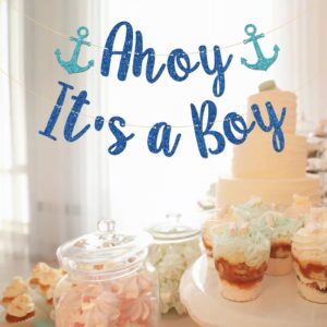 Talorine Ahoy It's a Boy Banner, Sailor Themed Party Decor, Baby Shower Gender Reveal, Nautical Party Decorations (Blue Glitter)