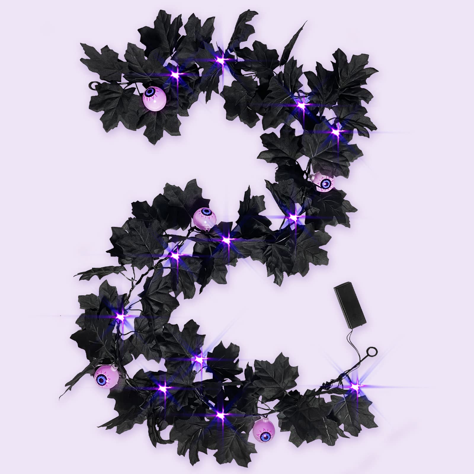 Orindnely Black Maple Garland Halloween Decor Purple Lights Artificial Maple Wreaths for Party Wall Fireplace Outdoor Indoor Yard Parties Haunted House Decoration