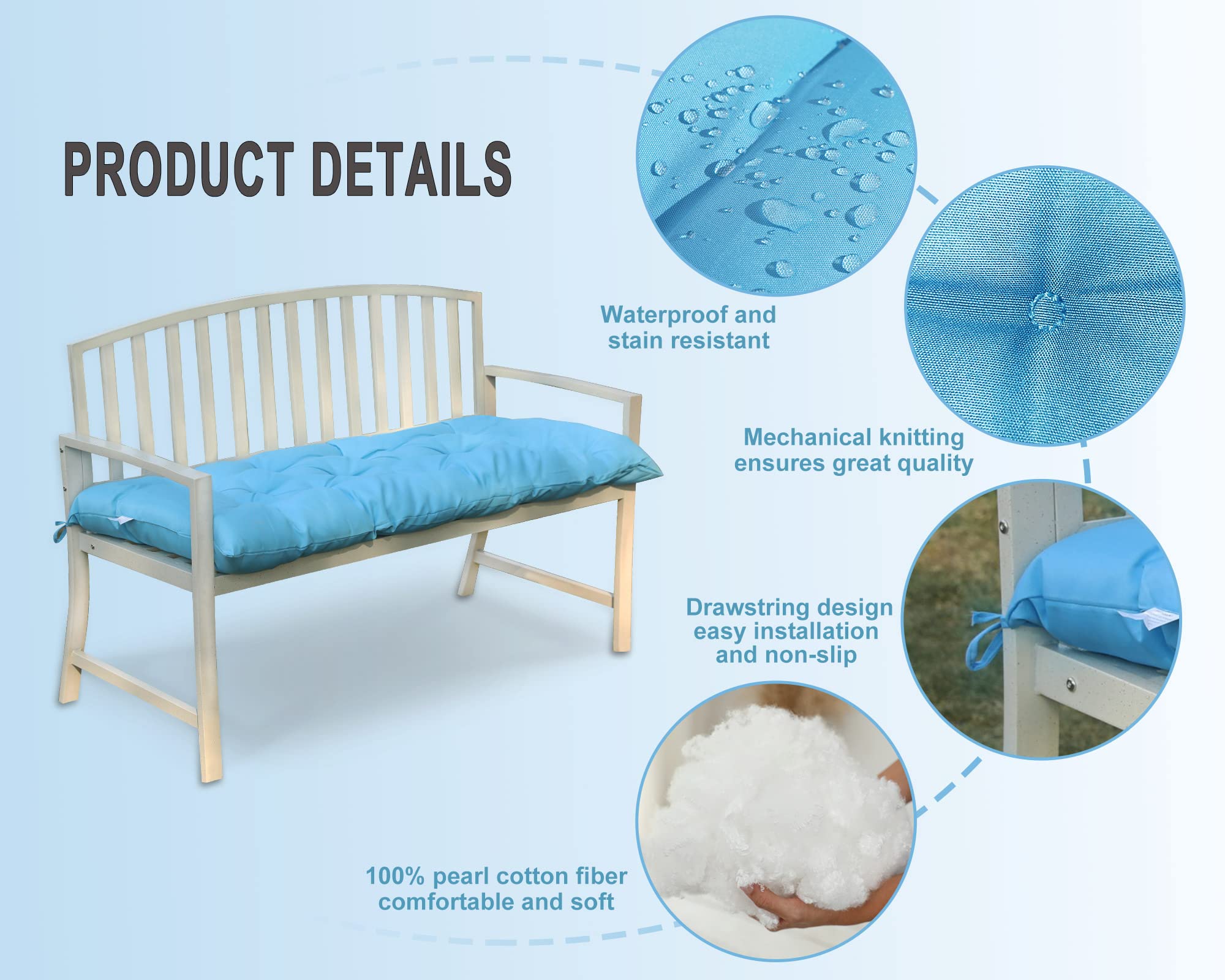 COSNUOSA Outdoor Bench Cushion Waterproof Outdoor Loveseat Cushions Swing Cushions Bench Cushions for Indoor Furniture Sky Blue 60x20 Inches