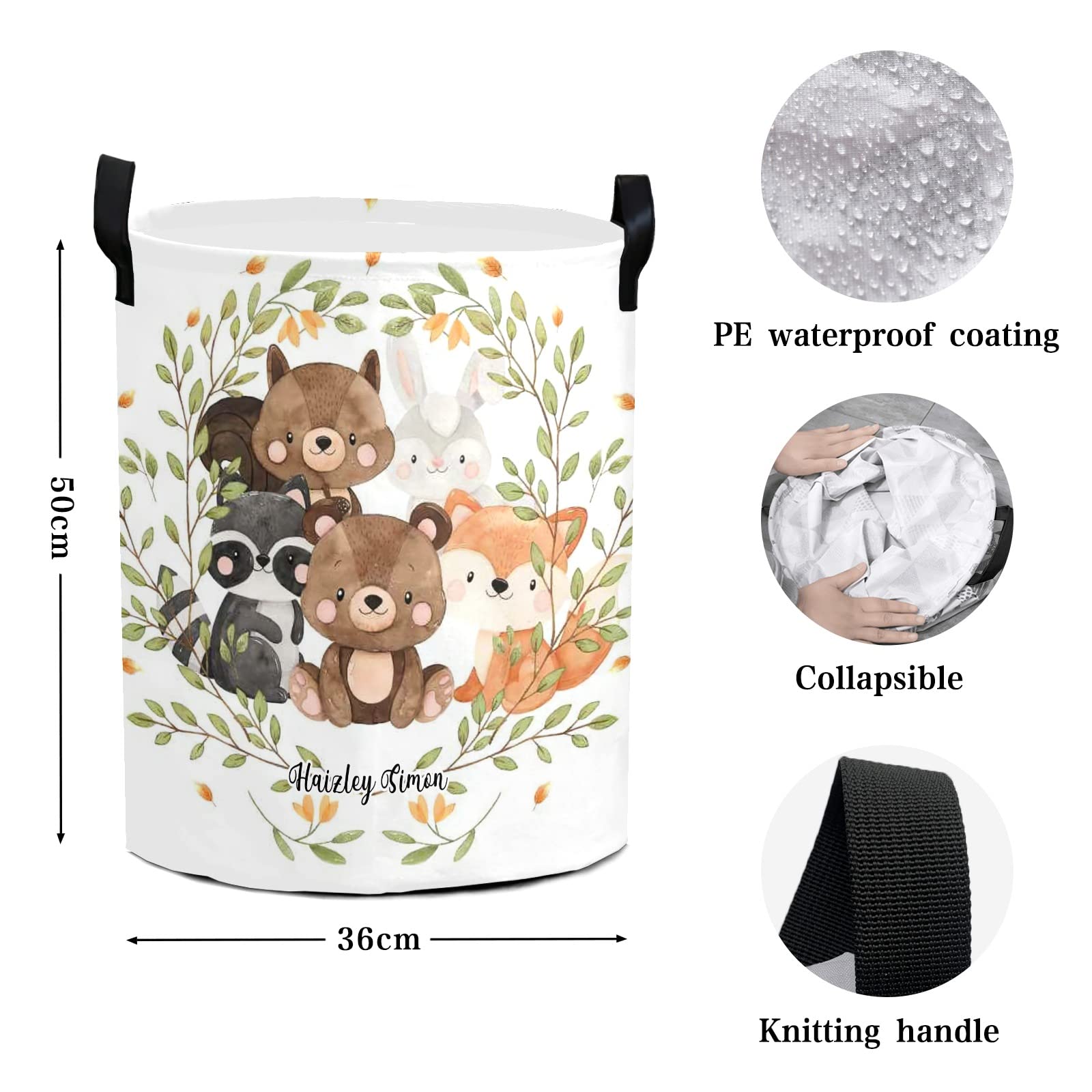 Cute Woodland Animals Personalized Laundry Basket Clothes Hamper Storage Handle Waterproof Collapsible Large Capacity for Bedroom Bathroom Toy Decoration