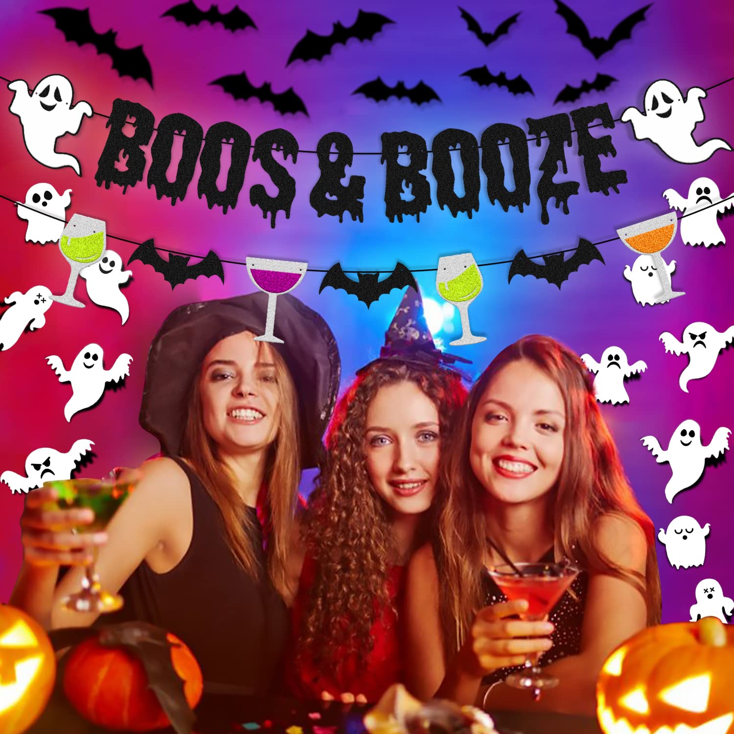 35 PCS Boos & Booze Decorations Halloween Banner Ghost Bat Wall Decor Potion Horror Pumpkin Witches Theme for Halloween Festival Party Supplies