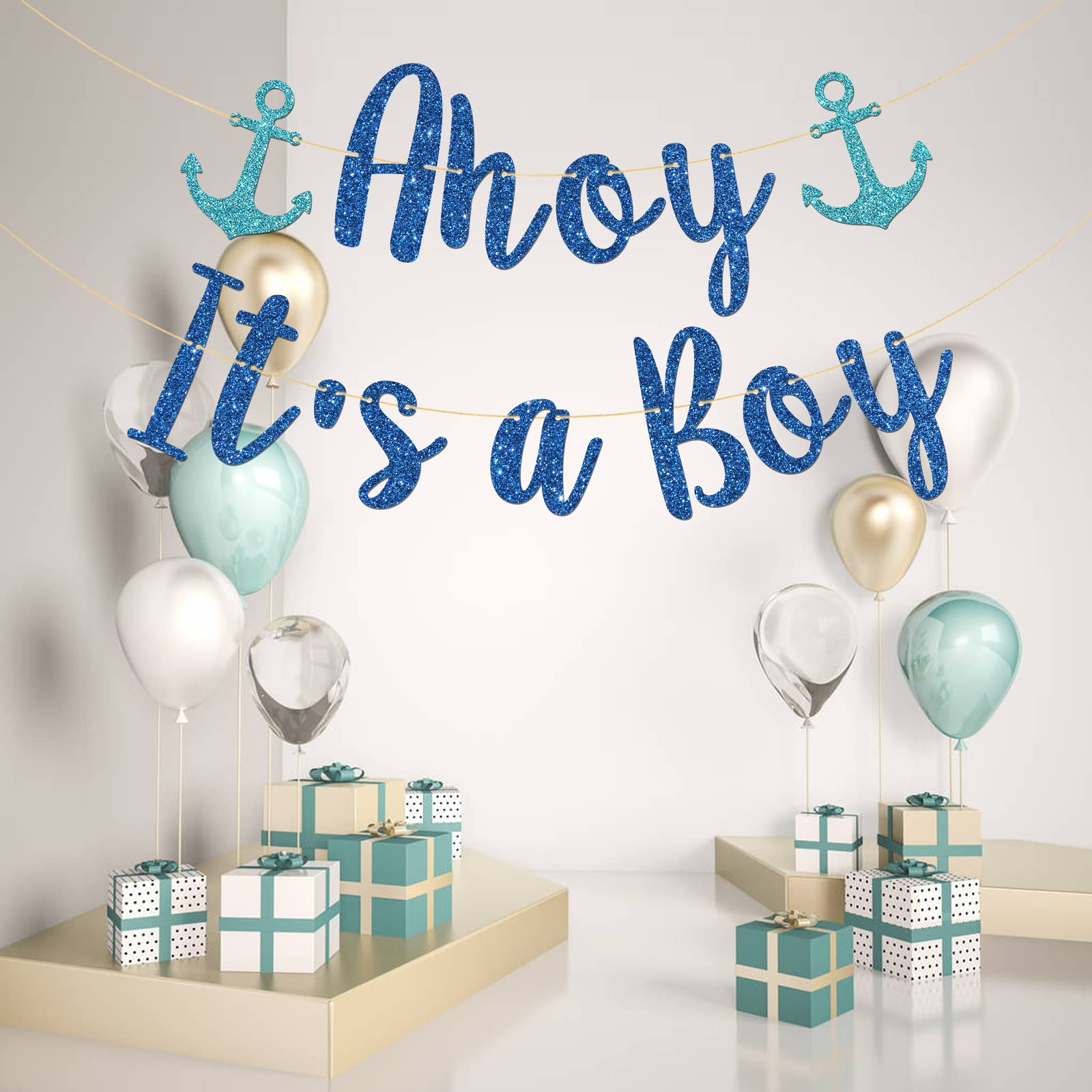 Talorine Ahoy It's a Boy Banner, Sailor Themed Party Decor, Baby Shower Gender Reveal, Nautical Party Decorations (Blue Glitter)