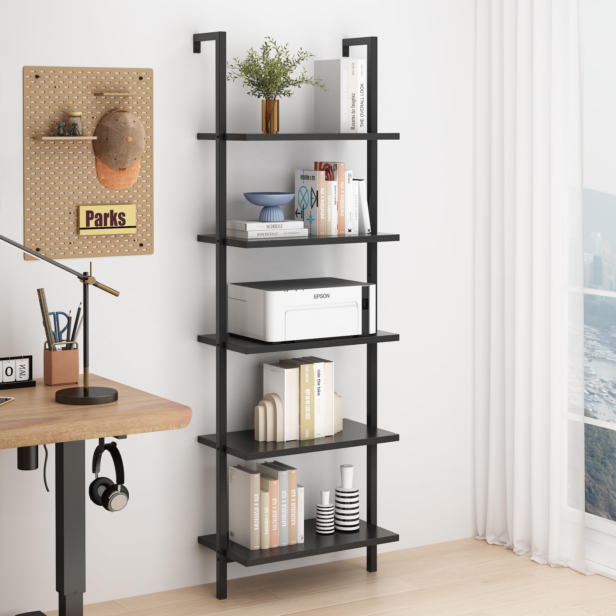 Karl home Ladder Shelf 5 Tier Wall Mounted Bookcase with Metal Frame, Open Design Shelves for Living Room, Bedroom, Home, Dark Walnut (23.62" L x 11.81" W x 70.87" H)