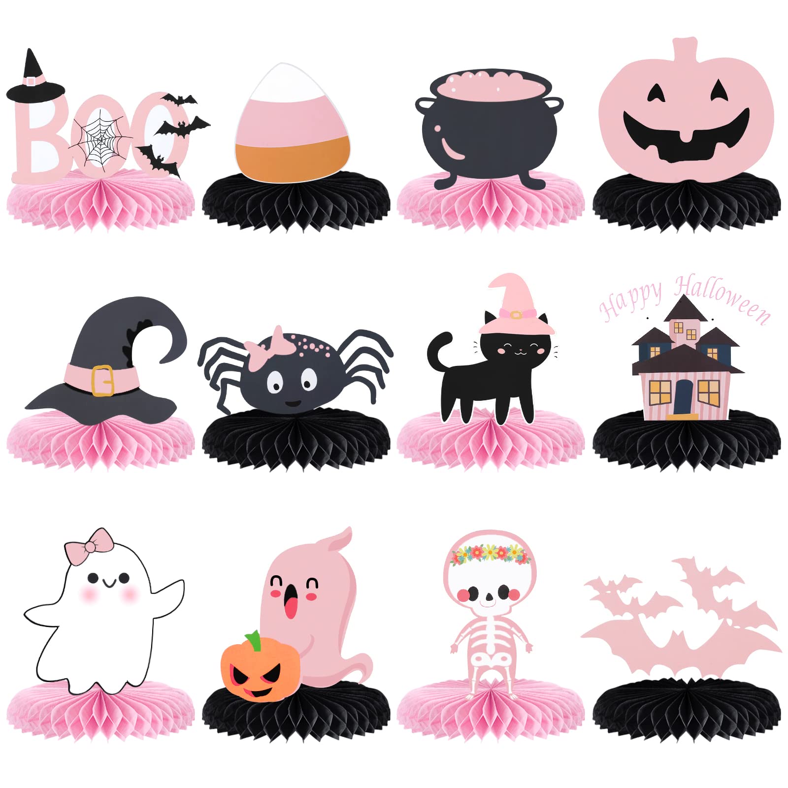 Pink Black Halloween Honeycomb Centerpieces Halloween Baby Shower Table Centerpieces Sticks Halloween Birthday Table Toppers for Halloween Baby Shower Girls Birthday Party Table Decorations - 12Pcs