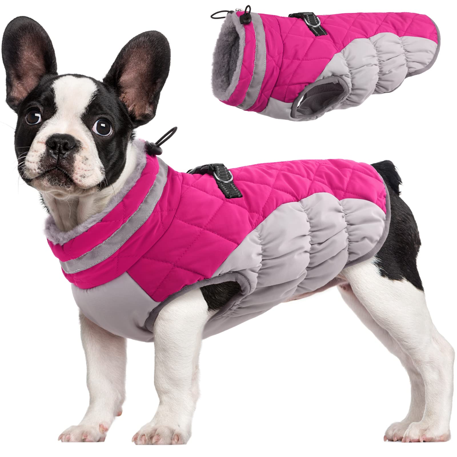 FUAMEY Dog Coat, Medium, Pink, Faux Fur - Waterproof, Windproof, Reflective Cold Weather Coat with Built-in Harness, Fits Dogs 11 lbs and Up