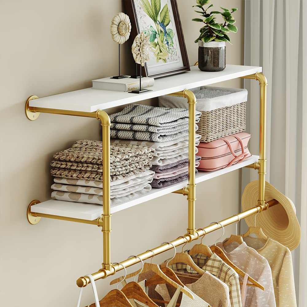 MAIKAILUN Wall Mounted Clothes Rack Gold with Shelf, 52" Long Industrial Pipe Clothing Rack with 2 Tier Shelves Heavy Duty Iron Garment Rack Bar,Retail Display Clothes Rod for Clothes,Laundry Room