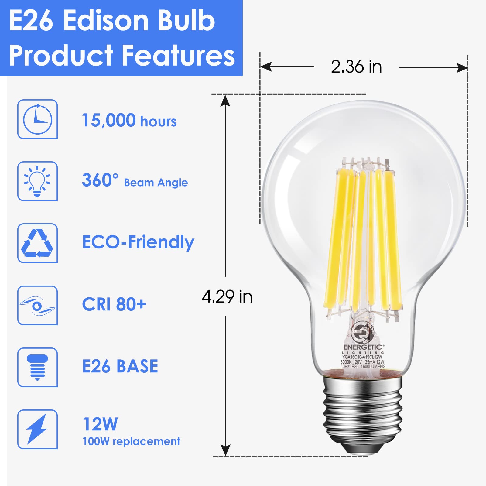 Energetic Dimmable A19 LED Edison Light Bulb, 12W Equivalent 100W, 1600LM High Brightness, 5000K Daylight, Clear Antique LED Filament Bulb for Home, Bathroom, E26 Standard Base, 6-Pack