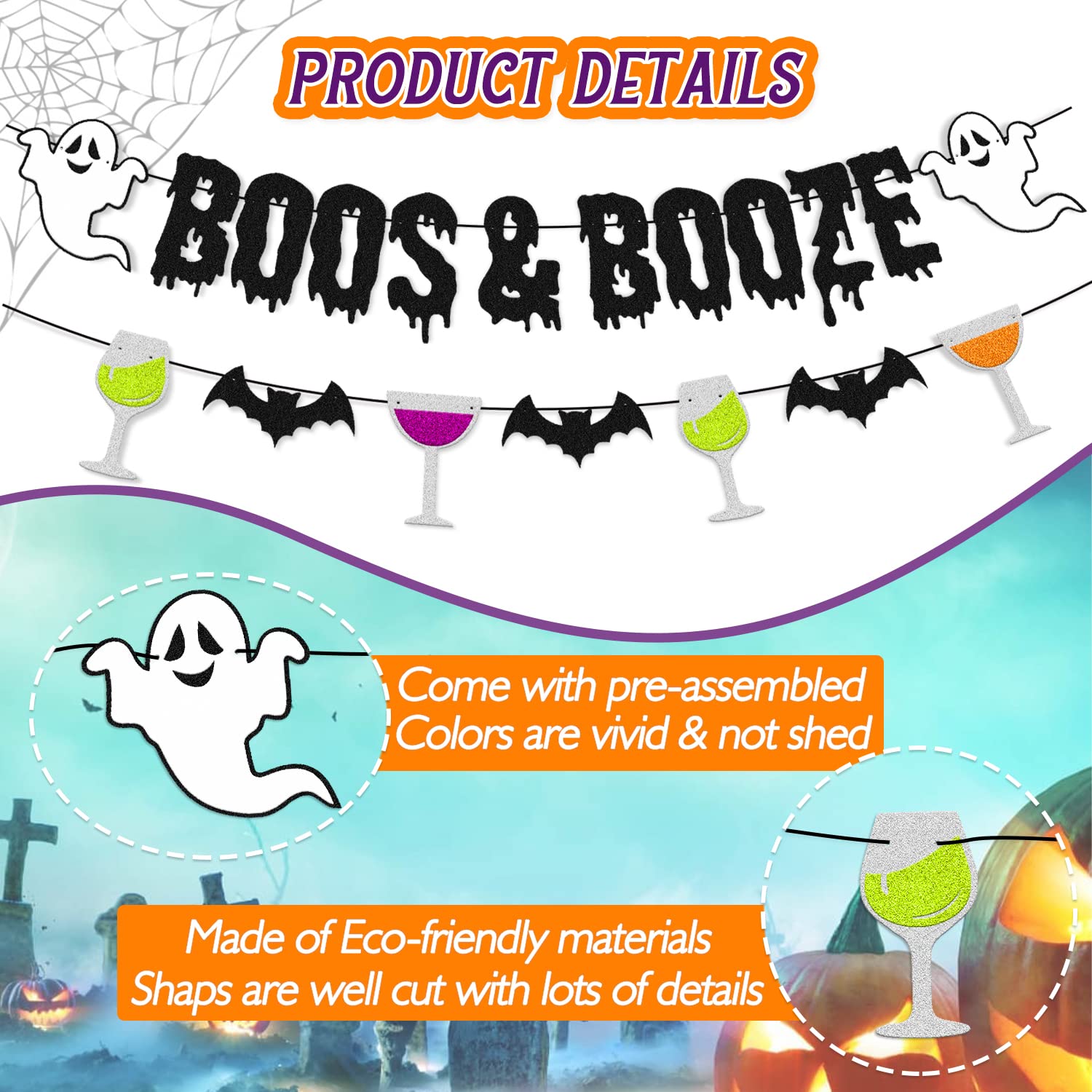 35 PCS Boos & Booze Decorations Halloween Banner Ghost Bat Wall Decor Potion Horror Pumpkin Witches Theme for Halloween Festival Party Supplies