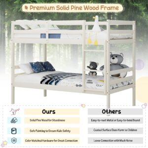 KOMFOTT Wood Bunk Bed Twin Over Twin, Bunk Bed with Ladder & Safety Guardrail, Solid Wood Bed Frame, Ideal for Dormitory & Multiple-Child Family, No Box Spring Needed, Kids Bunk Bed