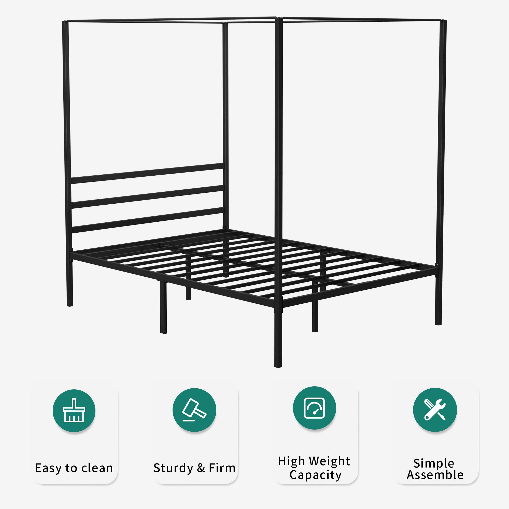 YITAHOME Canopy Bed Frame Metal Four Posters 14 Inch Platform with Built-in Headboard Strong Metal Slat Mattress Support, No Box Spring Needed, Black, Queen Size