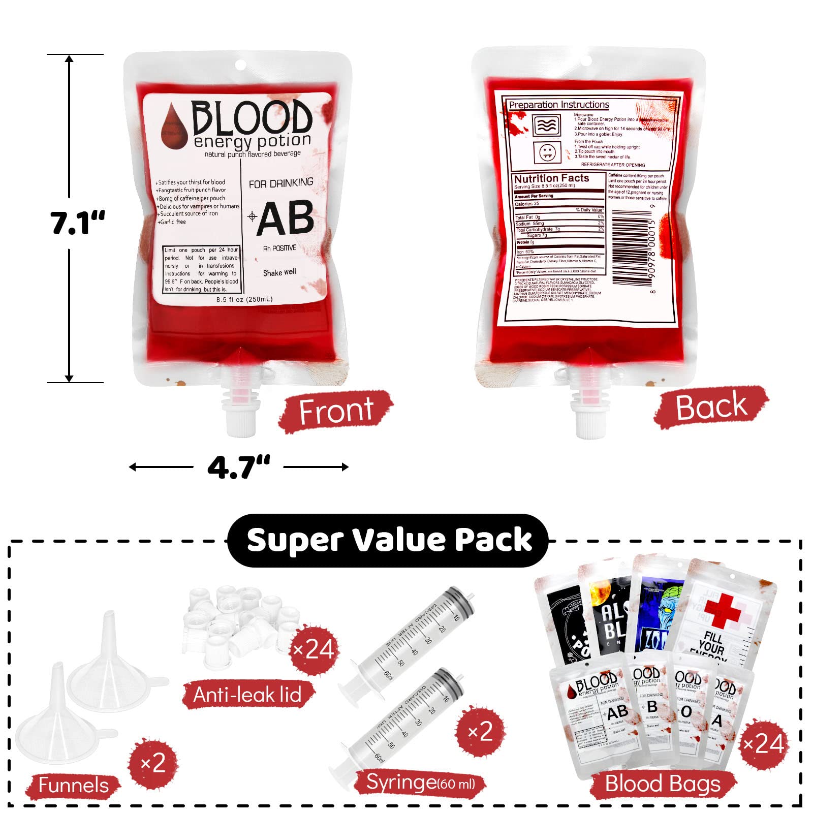 Hifunwu 24 Pack Halloween Blood Bags Party Supplies, Halloween Blood IV Bags for Halloween Party Favors Supplies