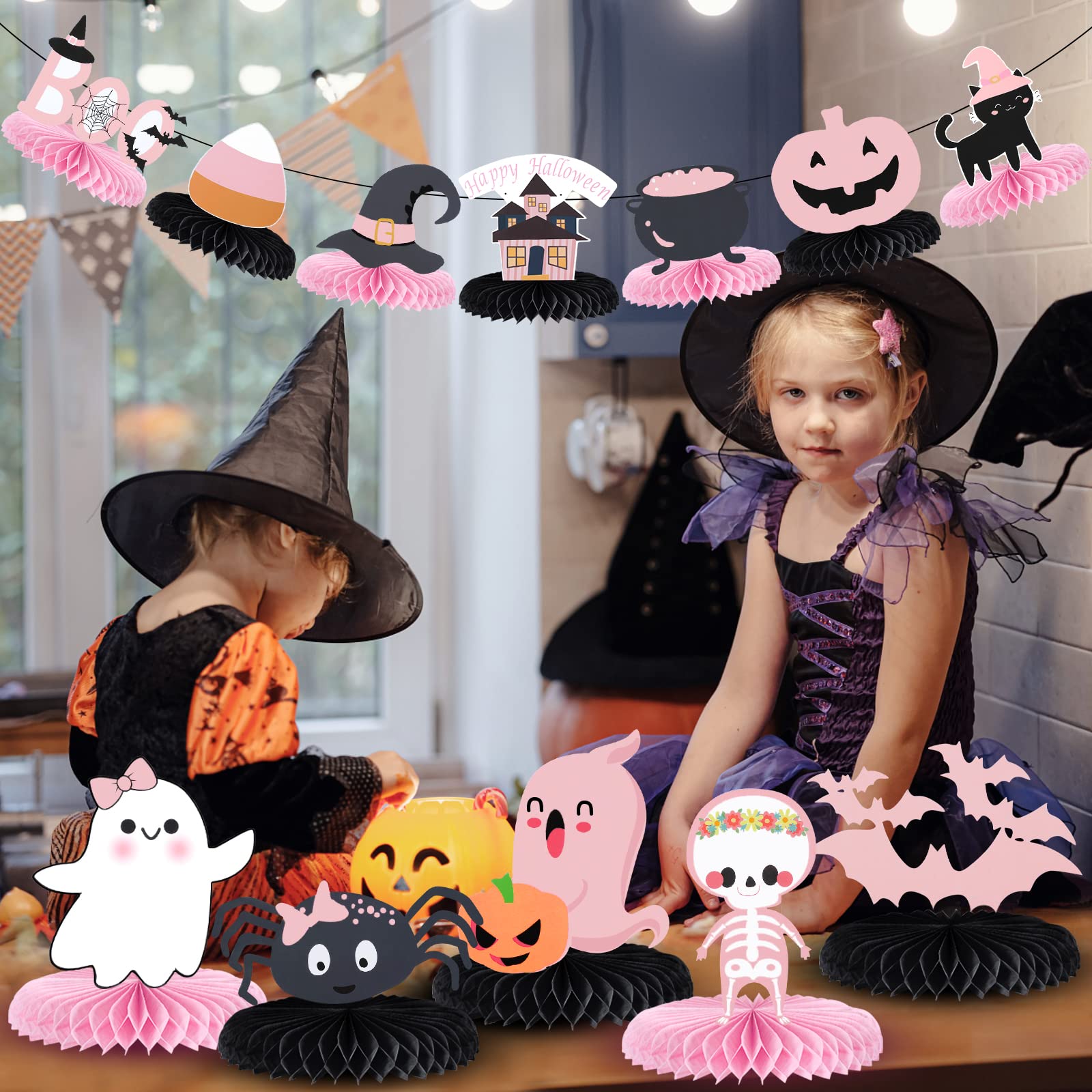 Pink Black Halloween Honeycomb Centerpieces Halloween Baby Shower Table Centerpieces Sticks Halloween Birthday Table Toppers for Halloween Baby Shower Girls Birthday Party Table Decorations - 12Pcs