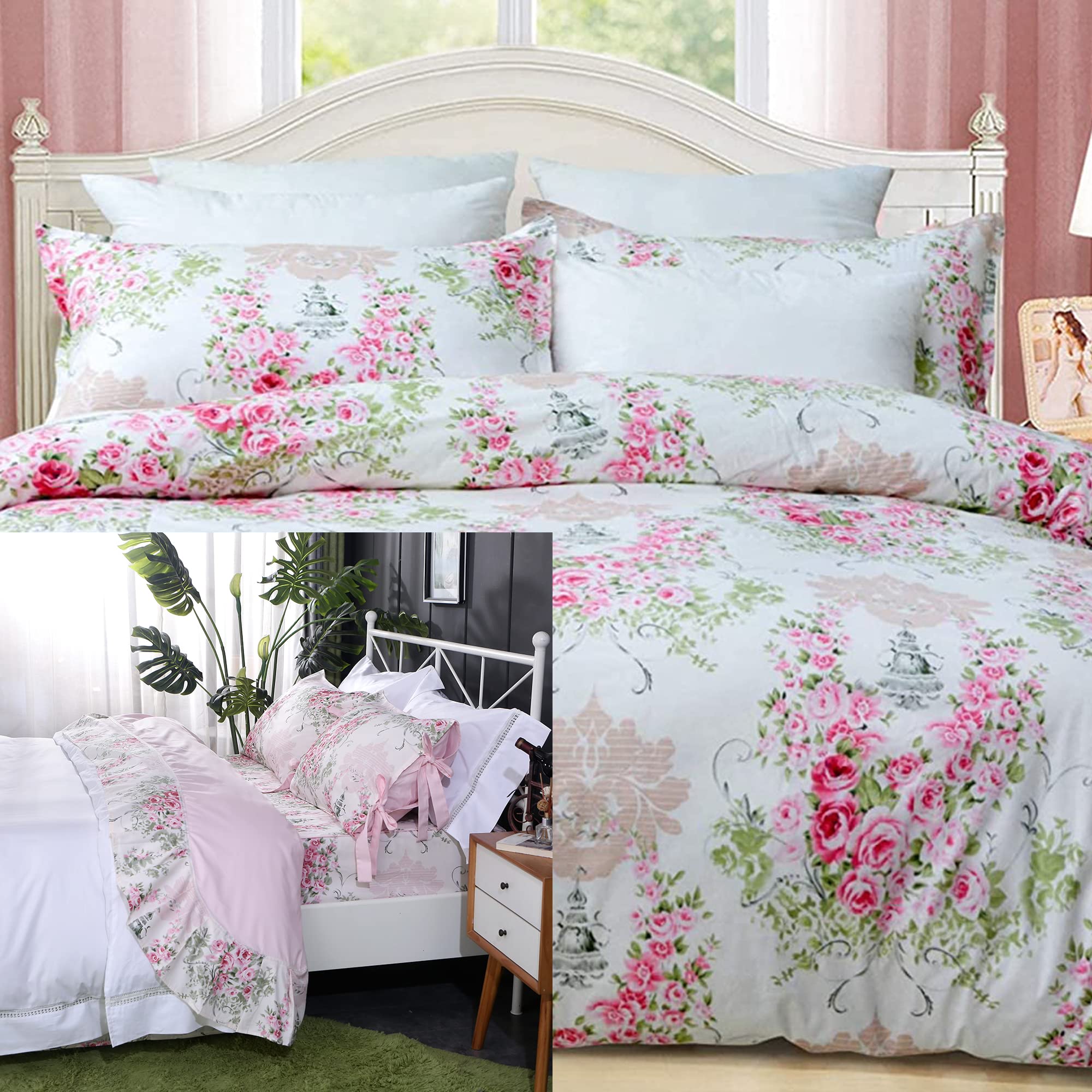 FADFAY 7Pcs Shabby Rose Floral Duvet Cover Sheets Set Queen Size, 1 Duvet Cover+1 Flat Sheet+1 Fitted Sheet+ 4 Standard Size Shams