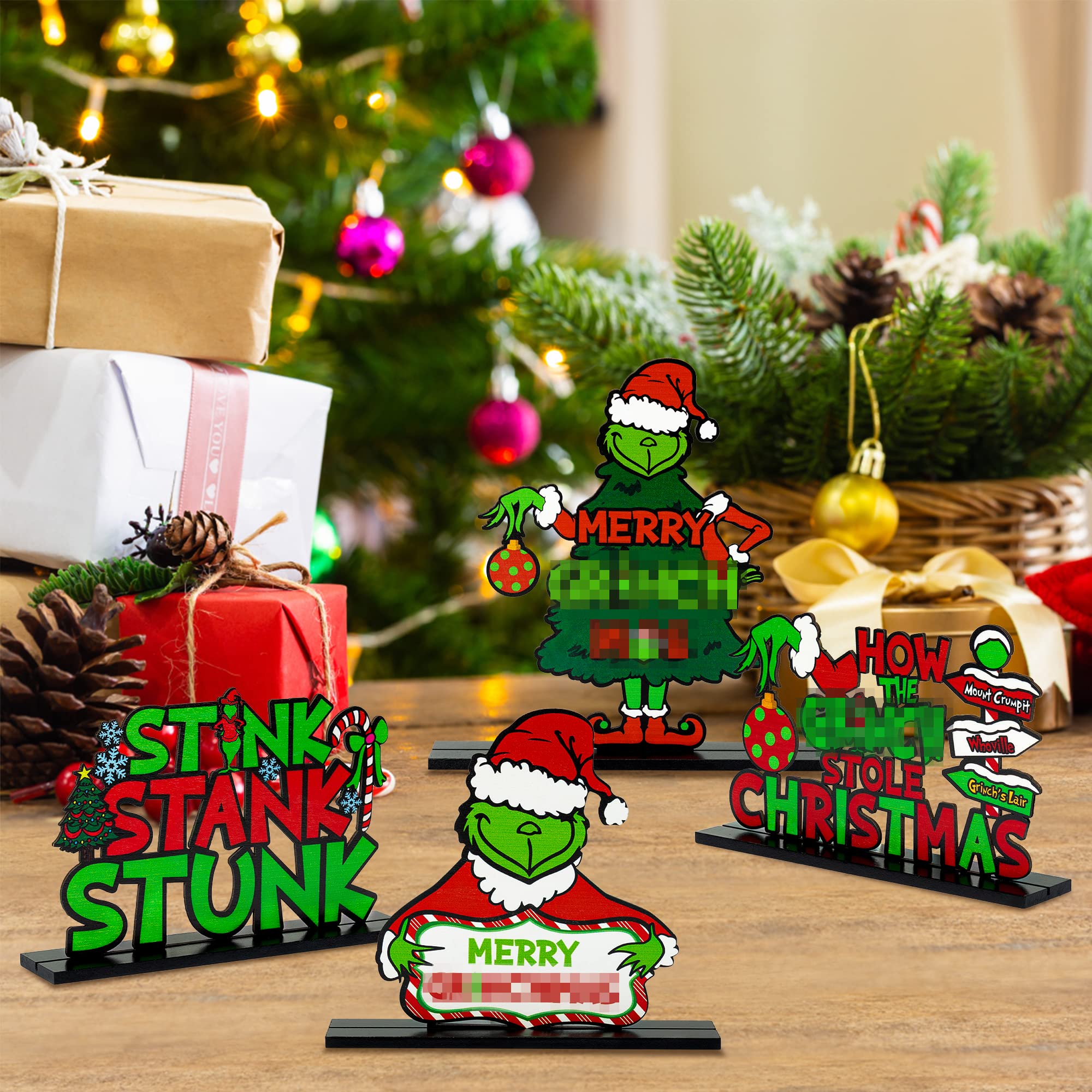 4Pcs Christmas Wooden Table Centerpieces Decoration Green Christmas Thief Wood Desktop Removable Decor Sign Merry Christmas Gnome Ornaments for Christmas Winter Theme Party Decor Table Tier Tray