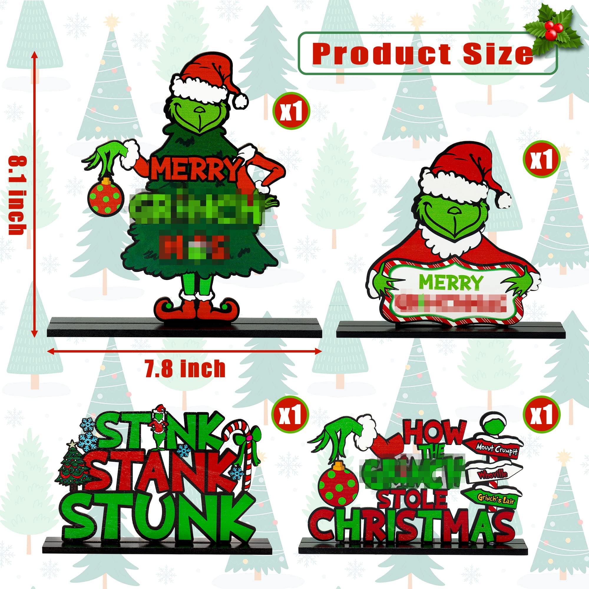 4Pcs Christmas Wooden Table Centerpieces Decoration Green Christmas Thief Wood Desktop Removable Decor Sign Merry Christmas Gnome Ornaments for Christmas Winter Theme Party Decor Table Tier Tray