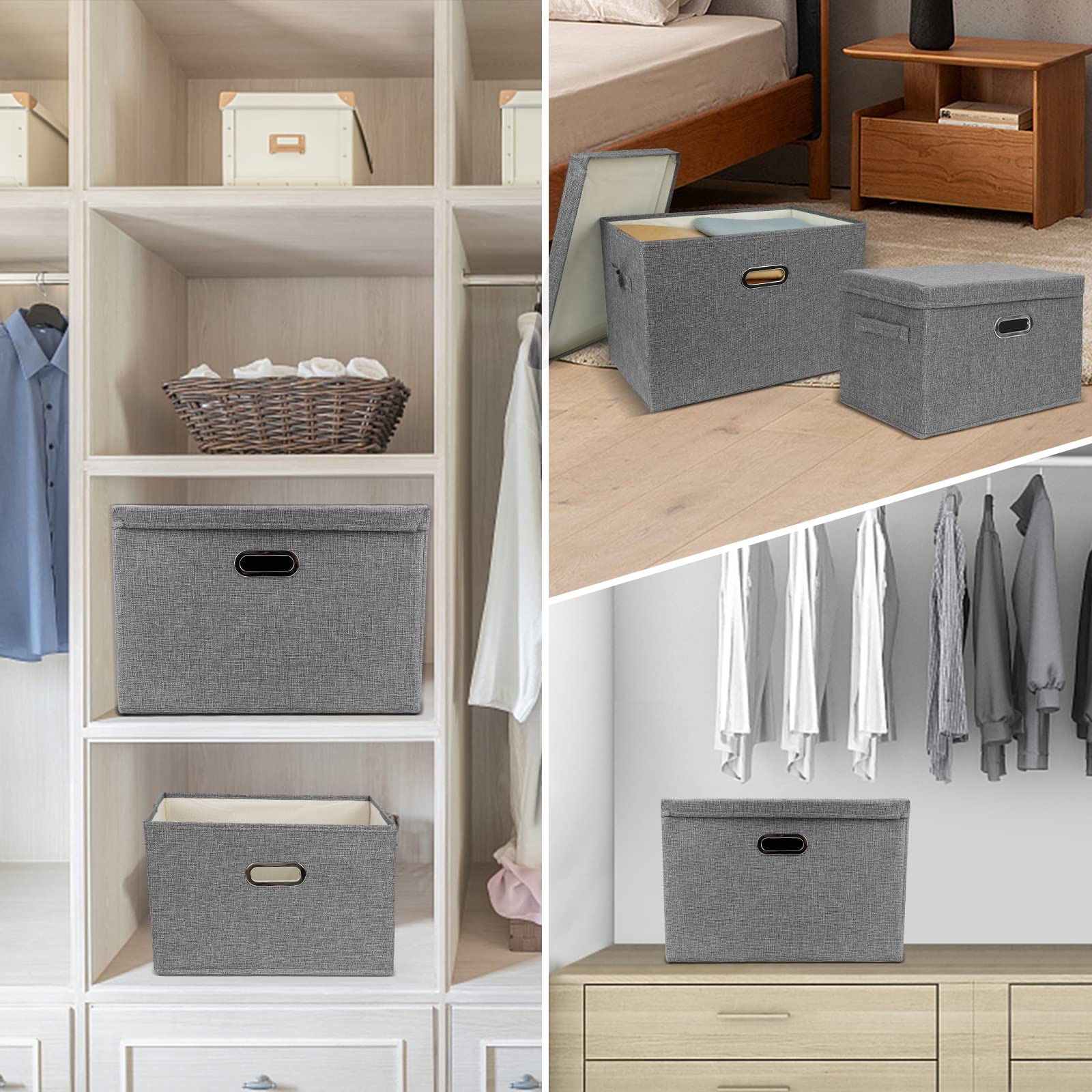 DAYARD Foldable Storage Boxes with Lids Linen Fabric Stackable Storage Bins Organizer Containers Baskets Cube with Cover for Closet Office Nursery, Grey (15 x 10 x 10)