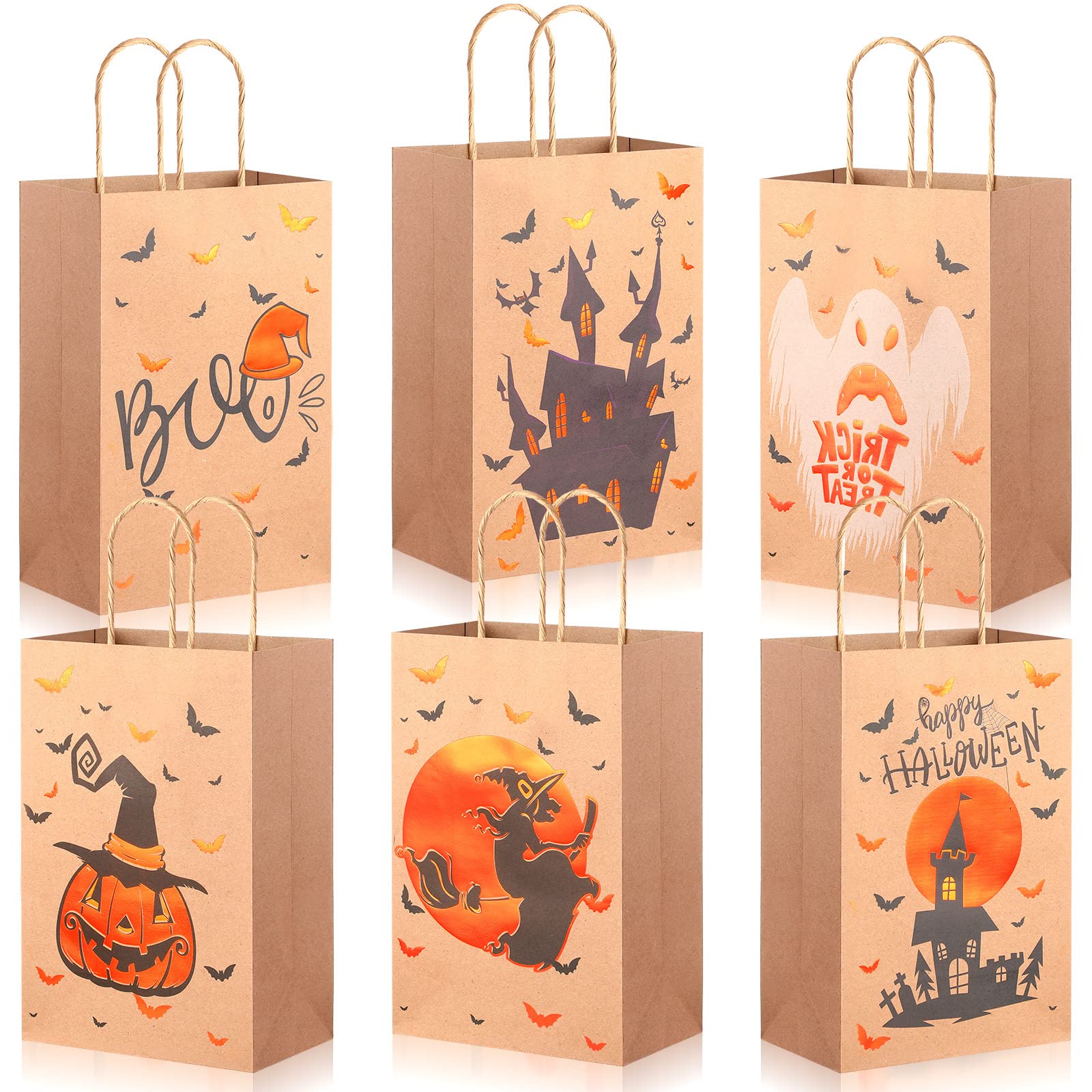 Yexiya Halloween Treat Bags Kraft Paper Candy Gift Bags with Handles Goodies Bags for Halloween Party Favors Supplies Bulk (24)