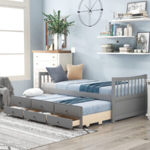 bellemave twin daybed with trundle and storage drawers wood twin size bed frame with 3 drawers wooden platform beds for kids boys girls teens, gray, gray with storage