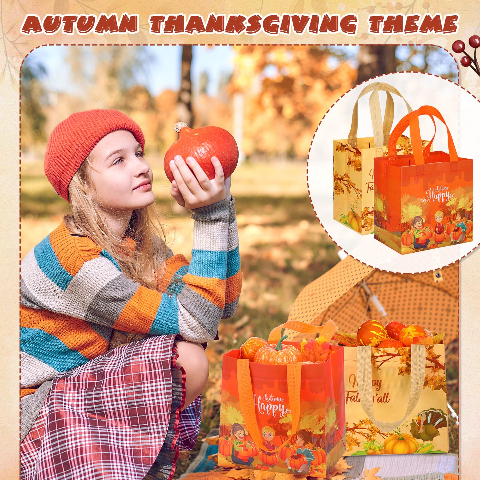 Sanwuta 48 Pcs Fall Non Woven Tote Bags Thanksgiving Party Bags with Handles Waterproof Autumn Treat Favor Bag Pumpkin Goodie Bag Gift Candy Bags Thanksgiving Party Favor Supplies (Happy Style)