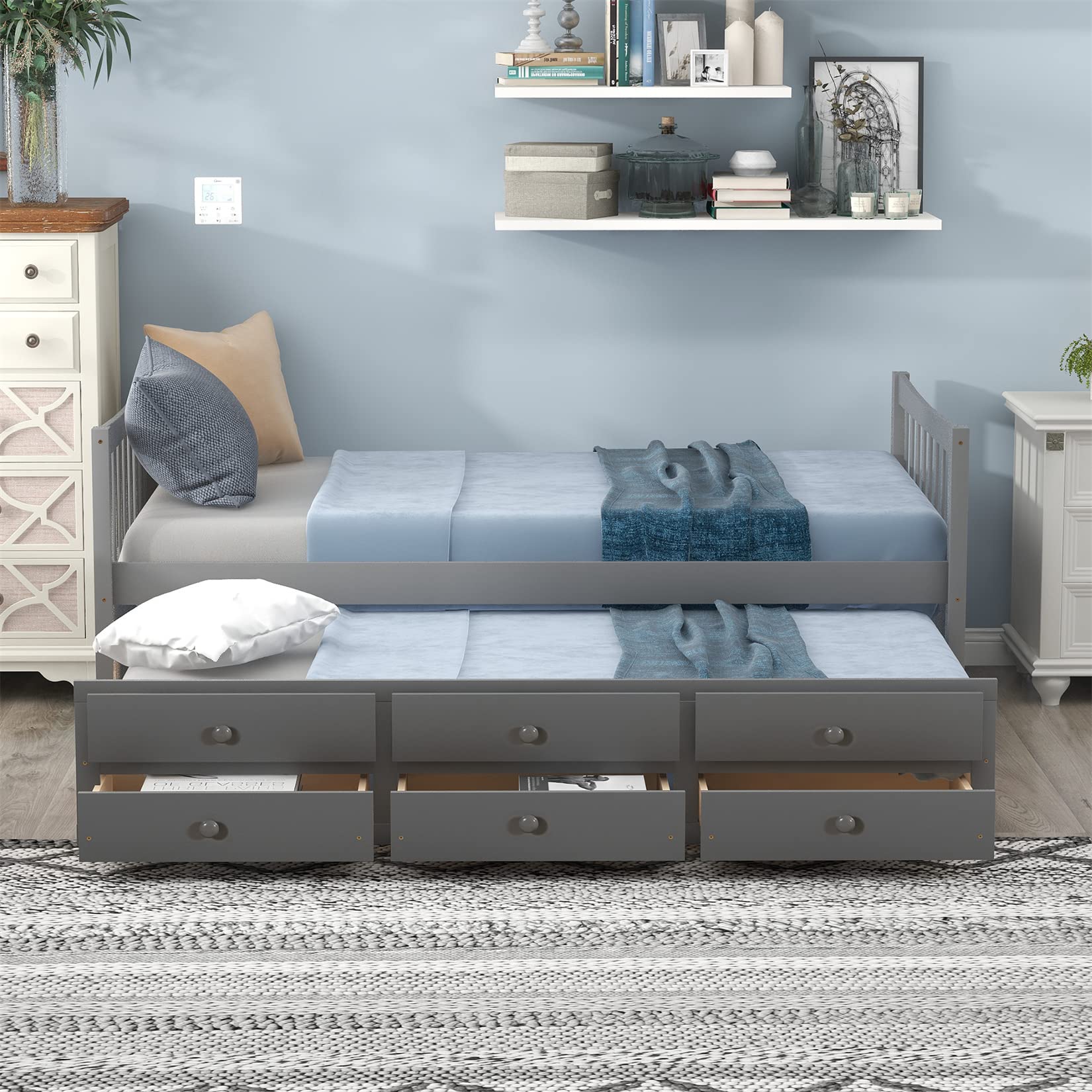 Bellemave Twin Daybed with Trundle and Storage Drawers Wood Twin Size Bed Frame with 3 Drawers Wooden Platform Beds for Kids Boys Girls Teens, Gray, Gray With Storage