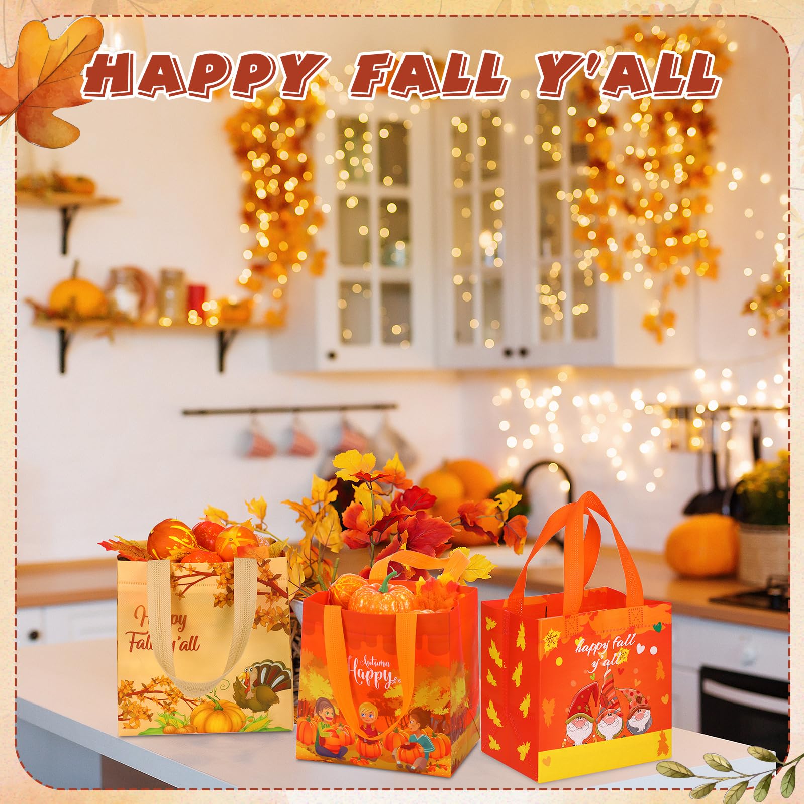 Sanwuta 48 Pcs Fall Non Woven Tote Bags Thanksgiving Party Bags with Handles Waterproof Autumn Treat Favor Bag Pumpkin Goodie Bag Gift Candy Bags Thanksgiving Party Favor Supplies (Happy Style)