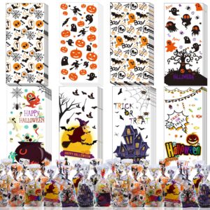 woonoo 200pcs halloween treat bags candy bags for trick or treat, 8 designs halloween goodie bags for kids party supplies, halloween cellophane bags halloween party favor for kids