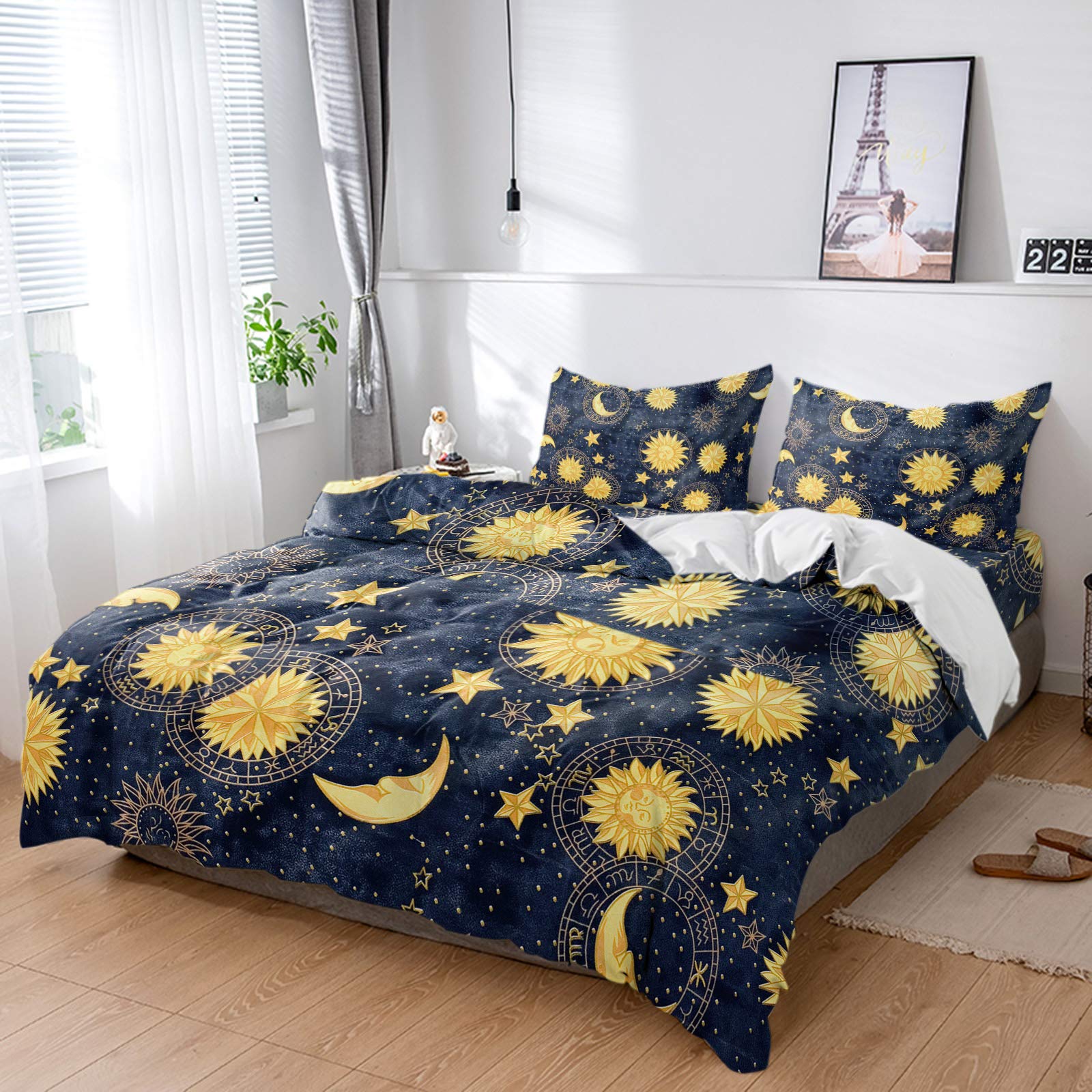 4 Piece California King Duvet Cover Set Night Vintage Moon Sun Star Breathable Comforter Covers Ultra Soft Bed Sheet with 2 Pillow Shams Bedding Collection Sets Yellow Celestial Fabric Midnight