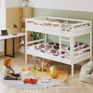 KOMFOTT Wood Bunk Bed Twin Over Twin, Bunk Bed with Ladder & Safety Guardrail, Solid Wood Bed Frame, Ideal for Dormitory & Multiple-Child Family, No Box Spring Needed, Kids Bunk Bed