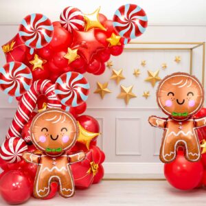 10Pcs Christmas Balloons Decorations Large Gingerbread Man Helium Balloons Red Candy Foil Mylar Balloons for Winter Themed Christmas Holiday Birthday Baby Shower Party Decorations Supplies