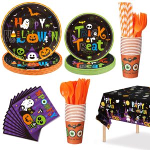 194 pieces halloween party supplies tableware set,paper dessert plates cups and napkins plastic tablecloth disposable straws knives forks for happy halloween holiday party decorations