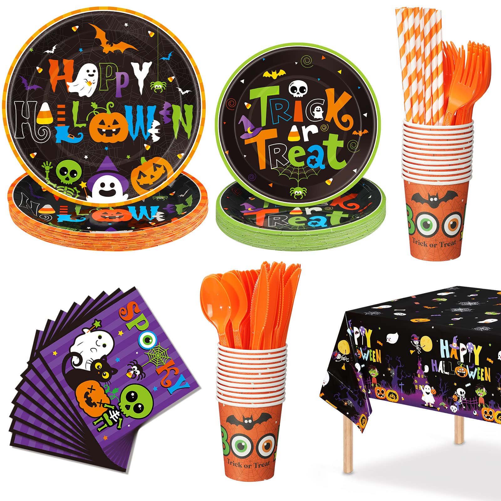 194 Pieces Halloween Party Supplies Tableware Set,Paper Dessert Plates Cups and Napkins Plastic Tablecloth Disposable Straws Knives Forks for Happy Halloween Holiday Party Decorations