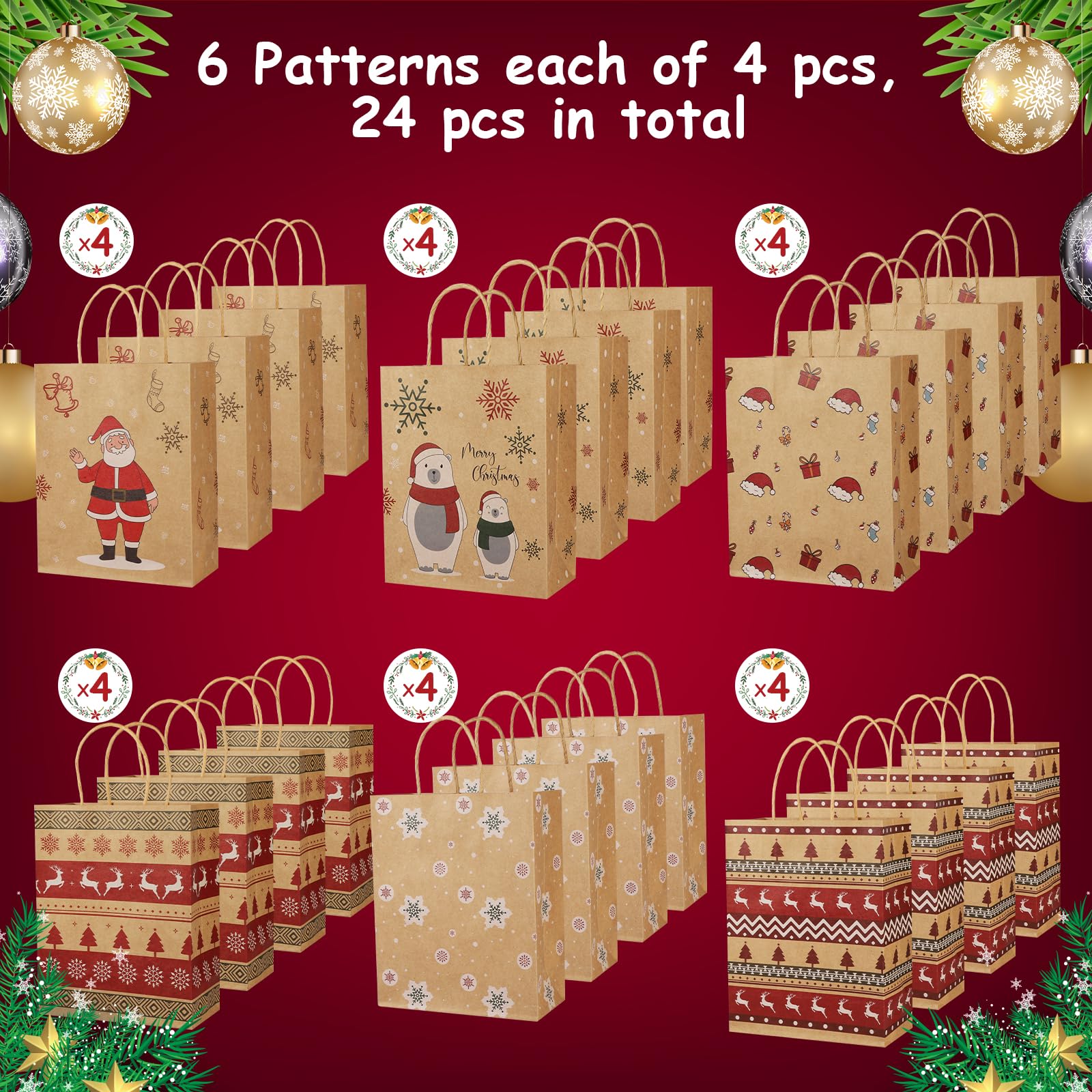 Christmas Gift Bags, 24 PCS Reusable Christmas Treat Bags, Paper Gift Bags with Handles & Christmas Prints, Christmas Bags for Gifts Holiday Gift Bags Xmas Gift Bags Party Favors, 7.08x3.5x8.85 Inch