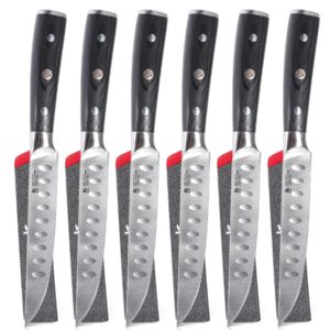 kyoku steak knife set of 6, samurai series 5" steak knives, non serrated high carbon steel knives set with case pakkawood handles mosaic pins sheaths, ultra sharp dinner and kitchen knife cutlery set