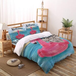 Queen Bedding Covers Set 4 Pieces, Pink Flamingos Soft Bedding Comforter Set, Welcome Summer Tropical Blue Beach All Season Bed Sheet Set with Duvet Cover, Fitted Sheet and Pillowcase