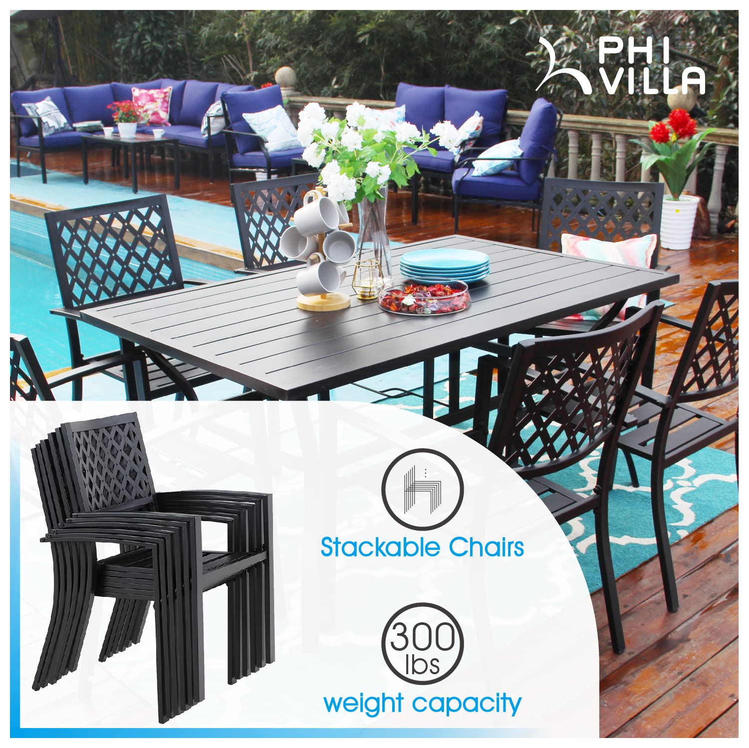 PHI VILLA 4 Pcs Patio Metal Outdoor Dining Chairs, Set of 4 Stackable Black Patio Chairs with Armrest, Indoor/Outdoor Portable Wrought Iron Chairs for Garden, Yard, Support 300 lbs